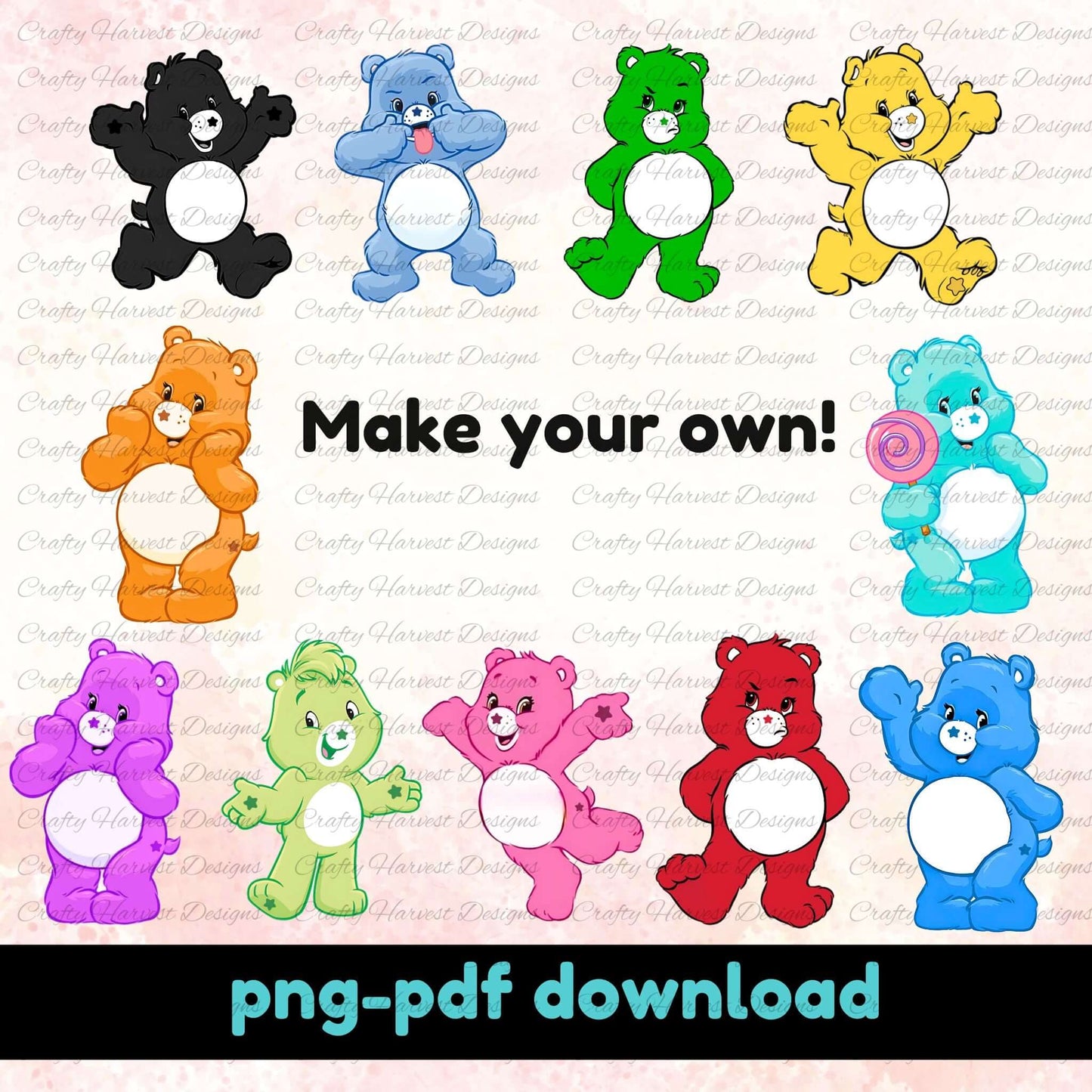 Digital design bundle featuring colorful blank bears with empty bellies for customization. Includes a variety of bear colors and the text “Make Your Own!” with PNG and PDF download options.