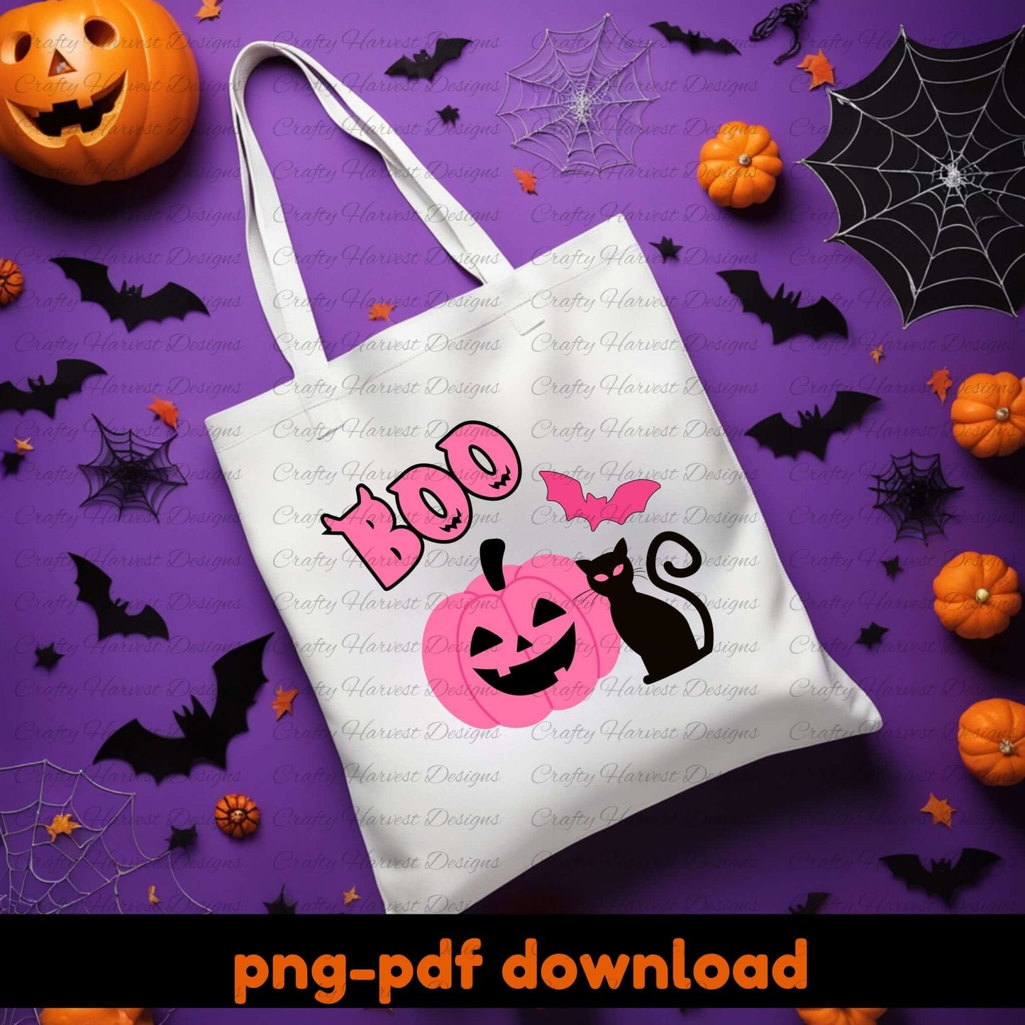 Halloween-themed tote bag with pumpkins, bats, and a cat on a purple background with Halloween decorations.