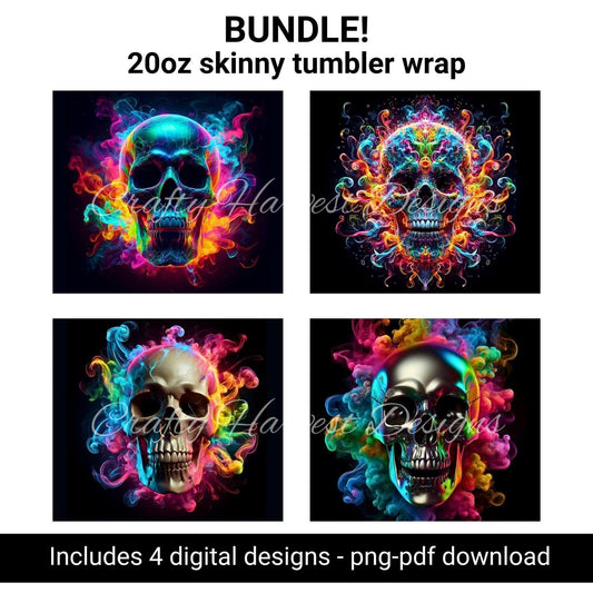 20oz Skinny Tumbler Wraps Bundle | Colorful Smoke Skull PNGs - Crafty Harvest Designs
