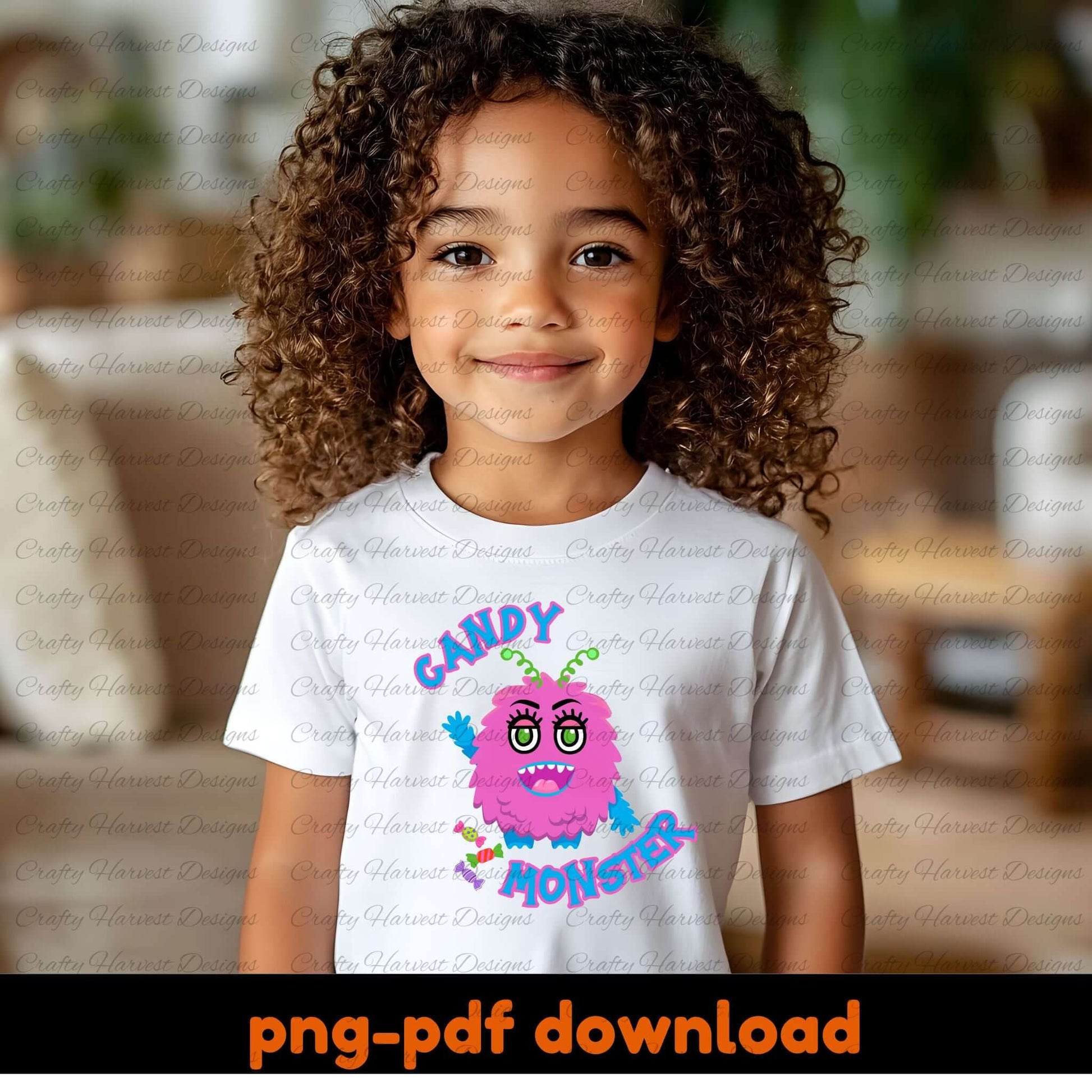 Child wearing a white t-shirt with a colorful monster design and text, sitting indoors.