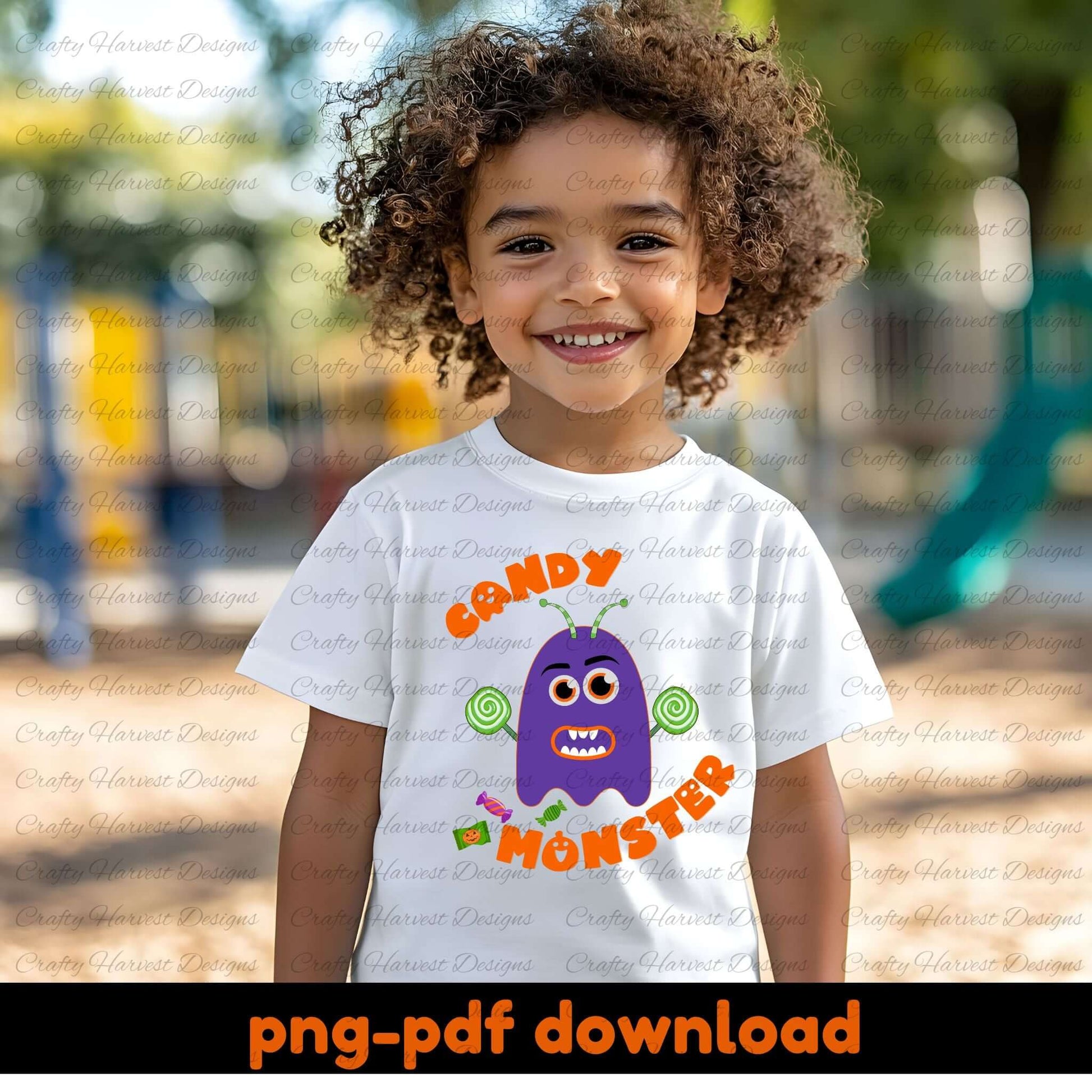 Child wearing a white t-shirt with a purple monster graphic and text, standing outdoors.