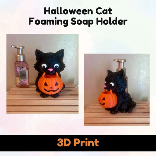 Halloween-themed cat foaming soap holder shown in two views on a wooden shelf next to a hand sanitizer bottle. The product is a black cat figurine holding an orange jack-o'-lantern pumpkin.