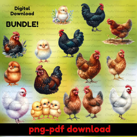 Digital download bundle of chickens and roosters on a green background with 'png-pdf download' text.