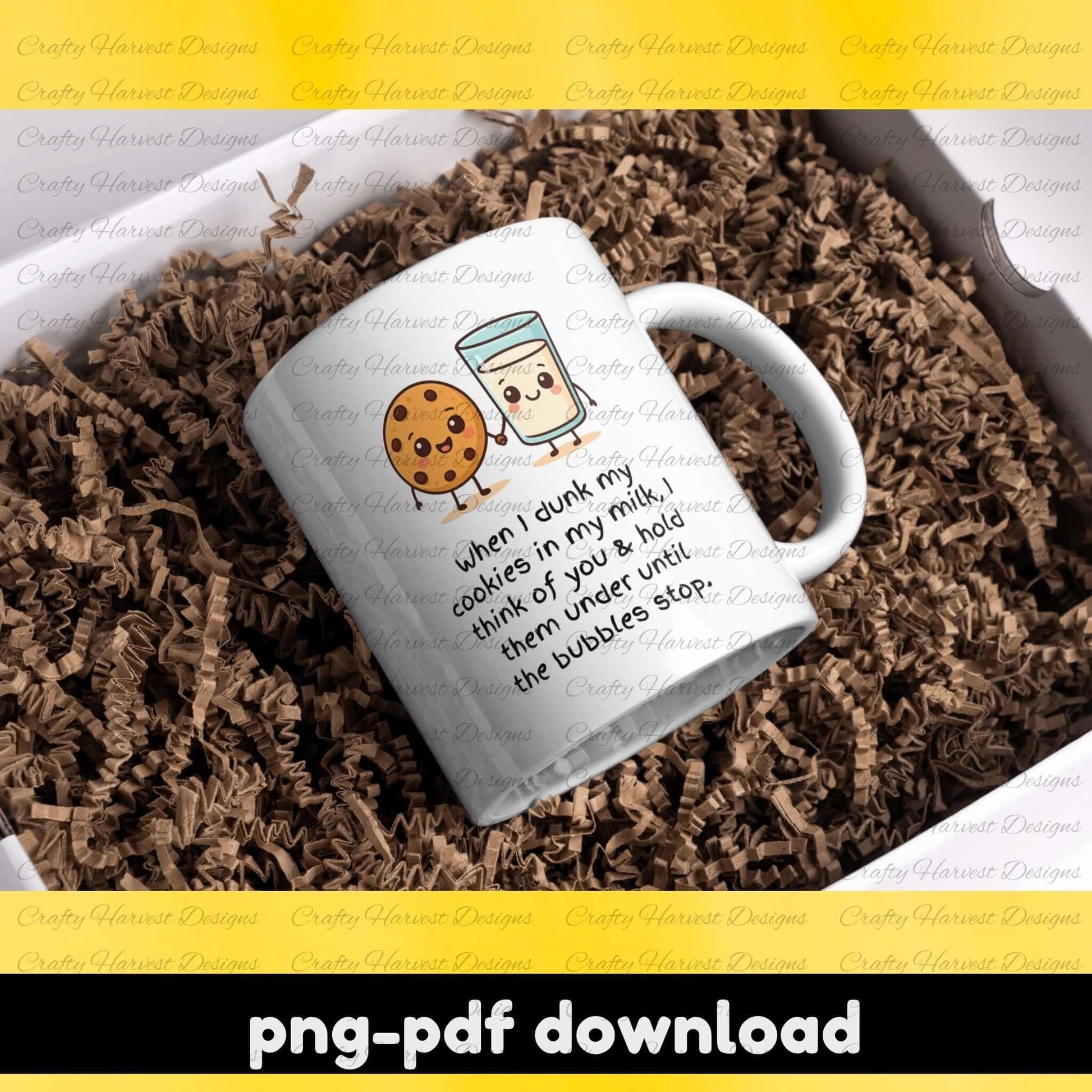 White mug with cartoon design on a brown textured surface, with 'png-pdf download' text at the bottom.