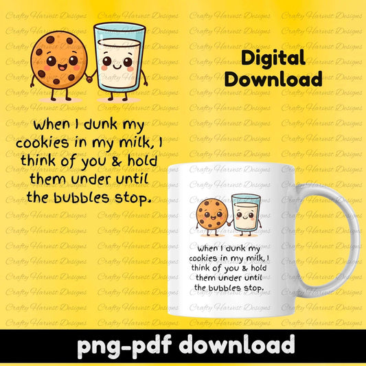 Digital download graphic with cookie and milk character illustration and text on a yellow background.