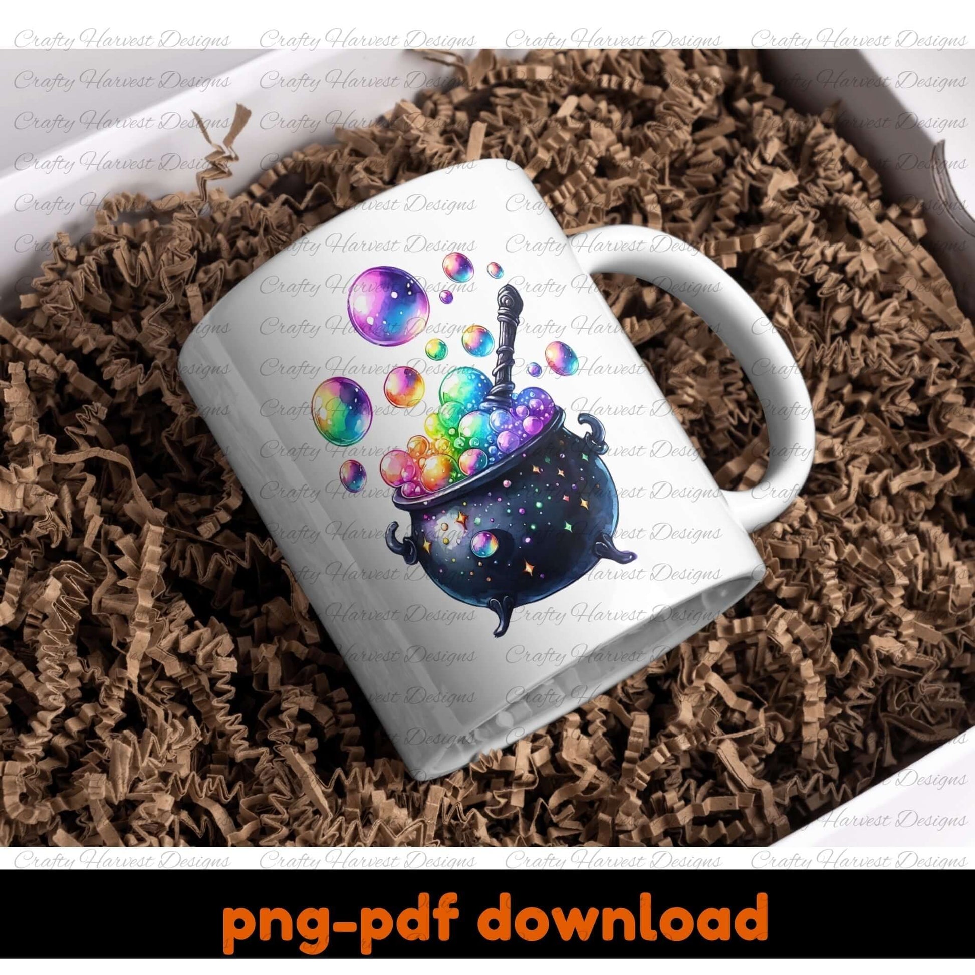 White mug with colorful design of a cauldron and bubbles on brown crinkled paper