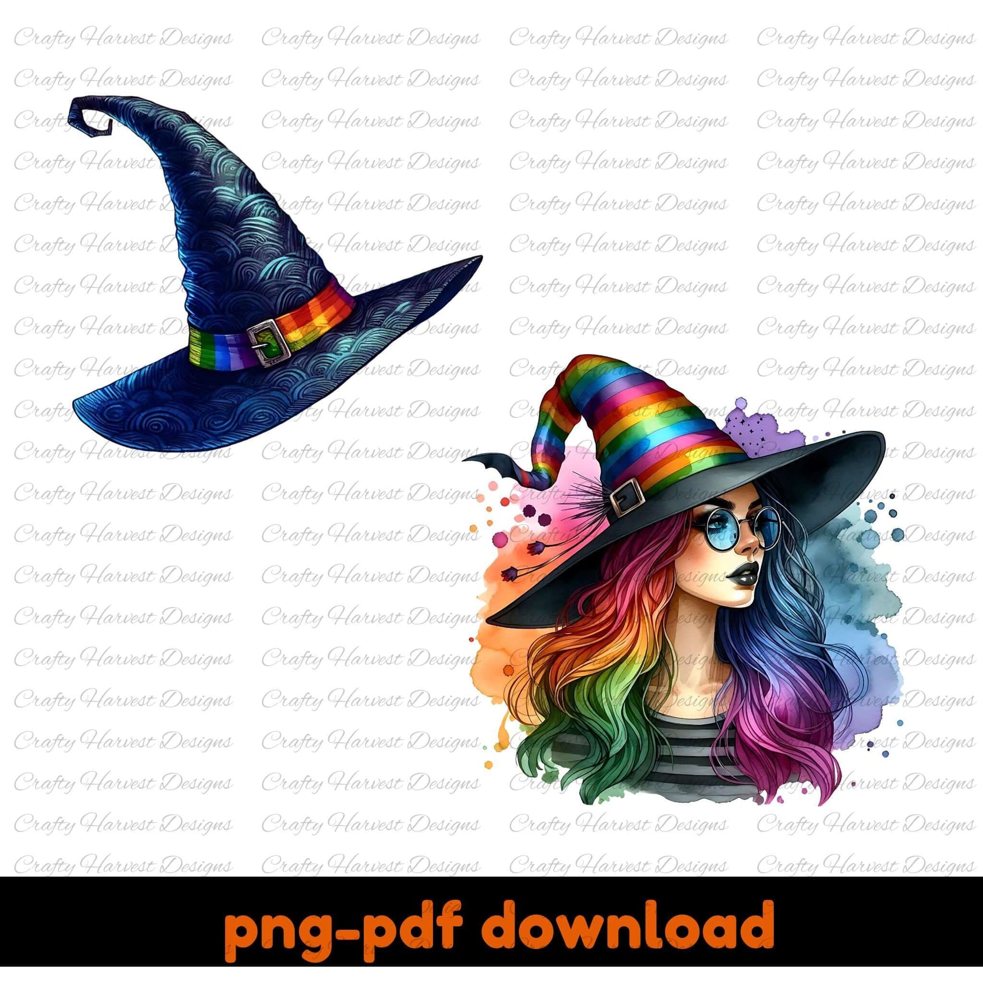 Colorful witch hat with a person wearing it, on a white background with 'Crafty Harvest Designs' watermark.