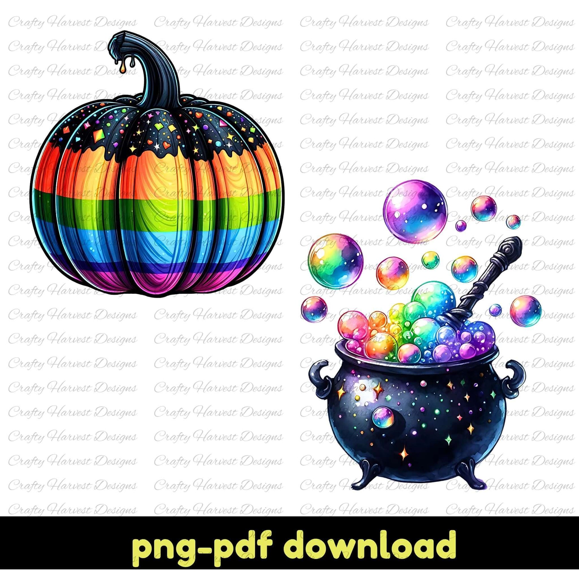 Colorful rainbow pumpkin and witch's cauldron with bubbles on a white background, featuring 'Crafty Harvest Designs' watermark.
