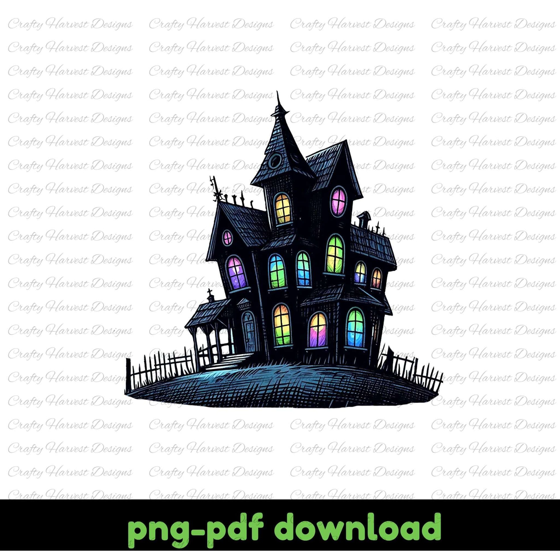 Colorful haunted house design with 'Crafty Harvest Designs' watermark.