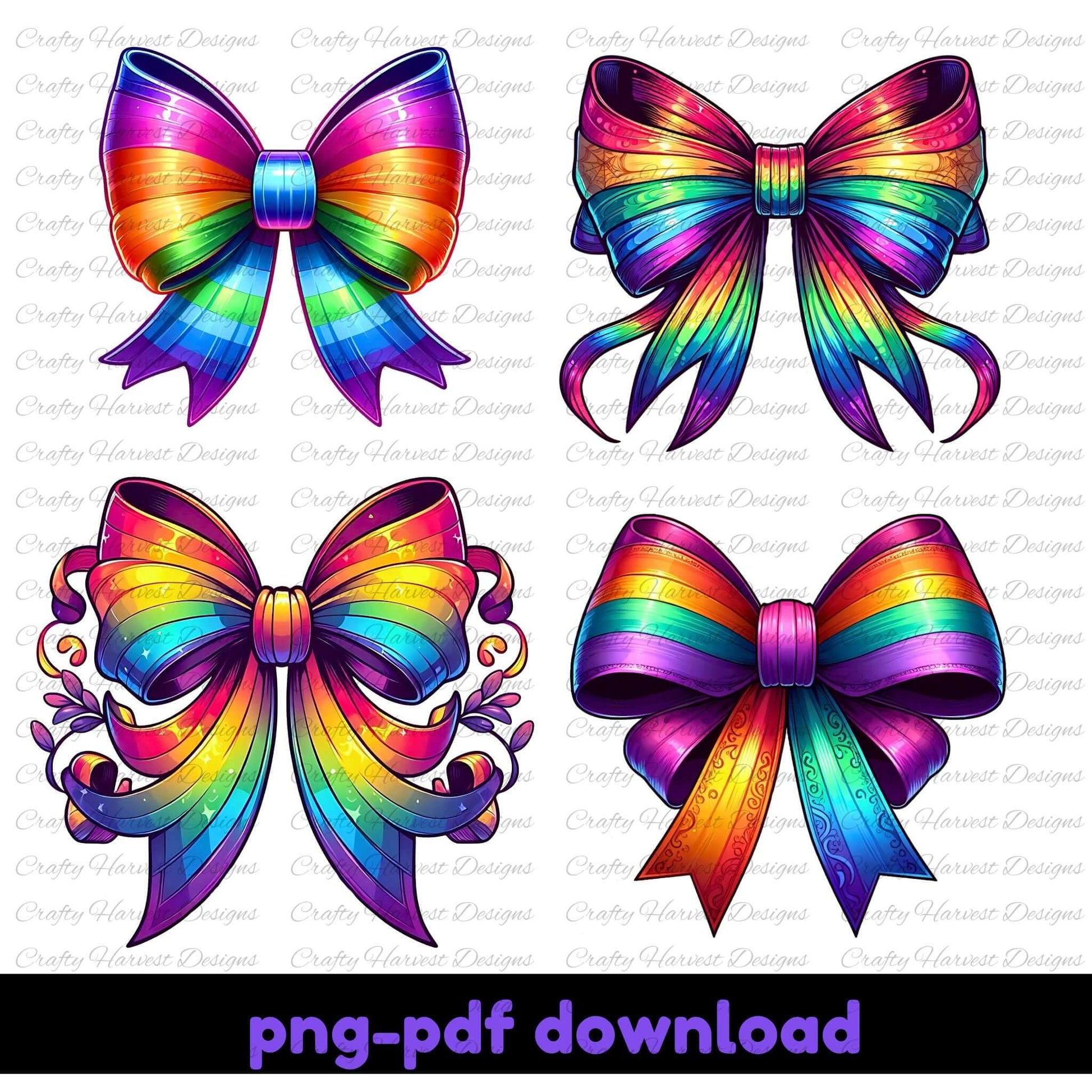 Four colorful rainbow bows with decorative elements on a white background, labeled 'png-pdf download'.
