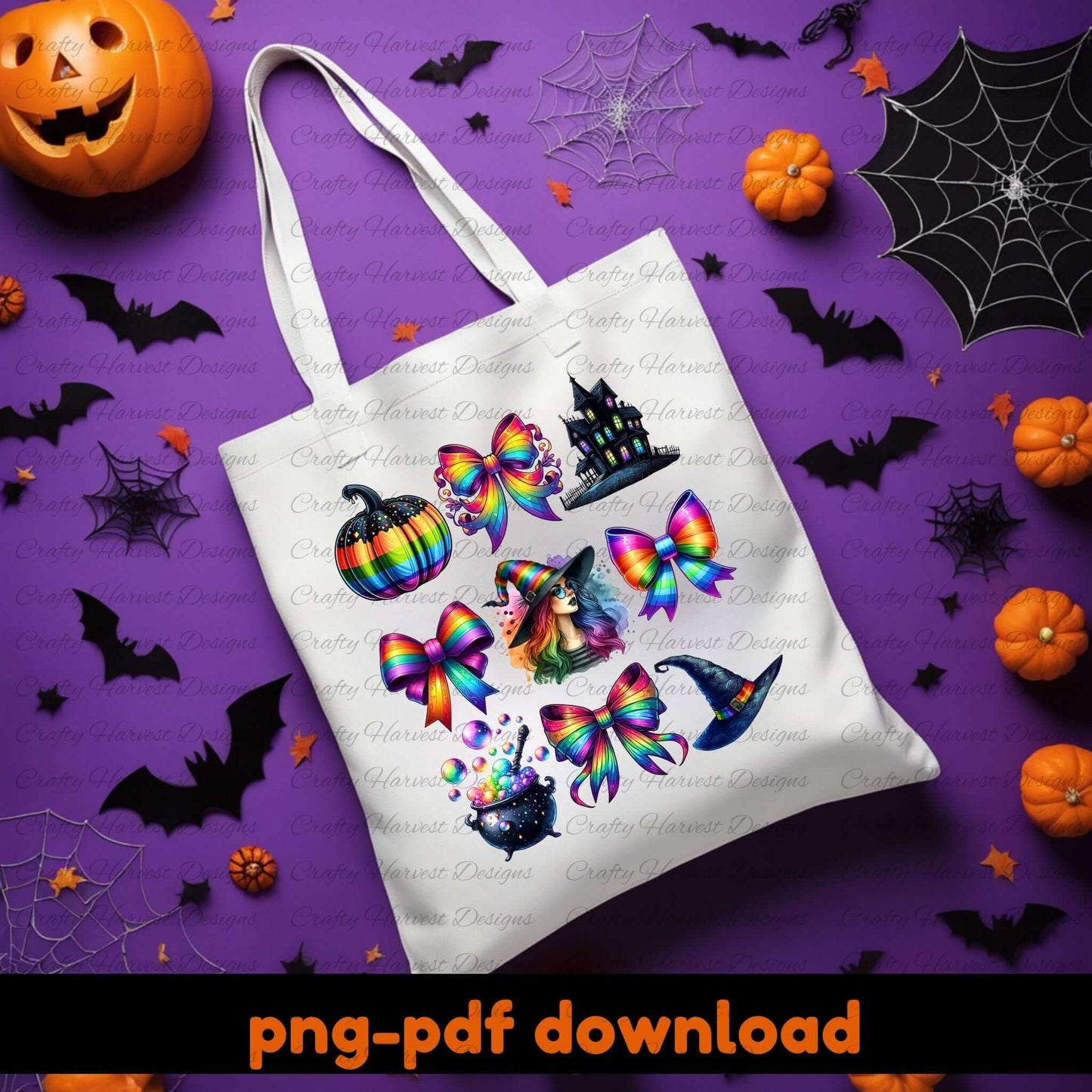 Tote bag with Halloween-themed designs on a purple background with pumpkins, bats, and spider webs.