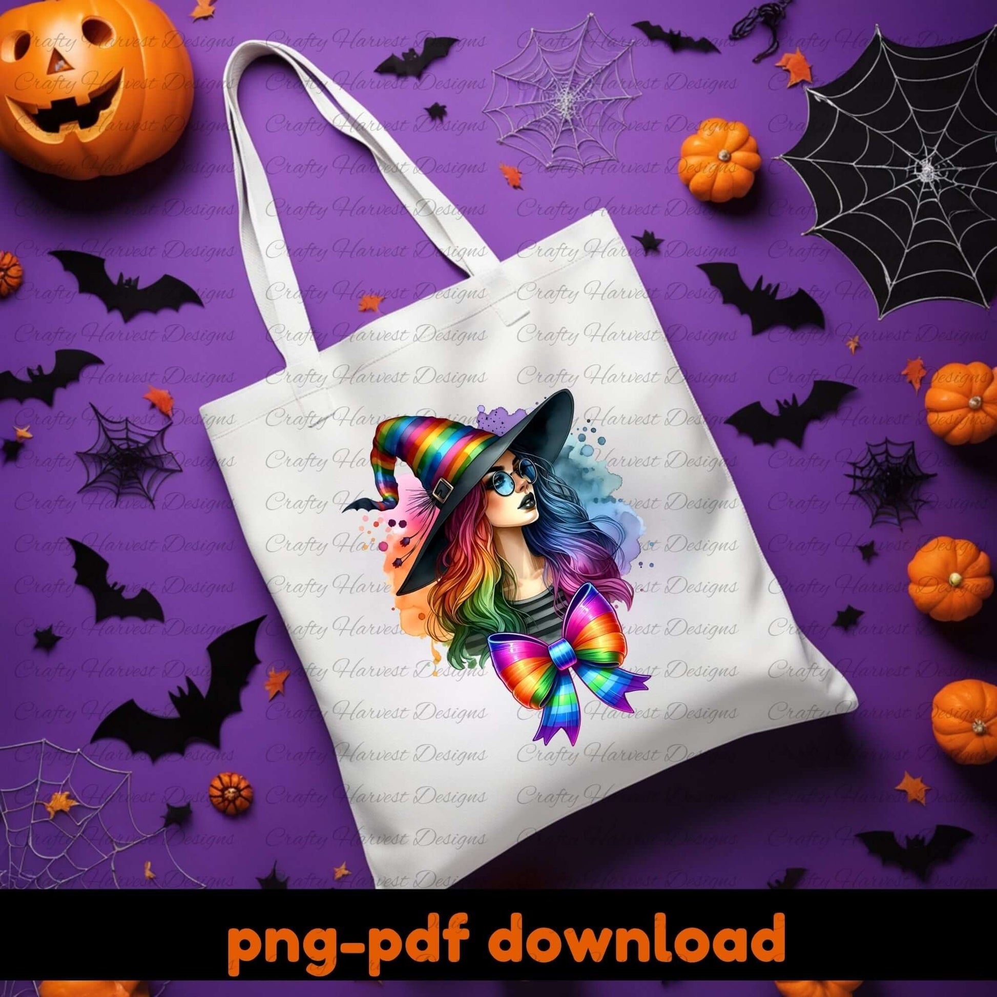 Tote bag with Halloween-themed design on a purple background with pumpkins and bats.