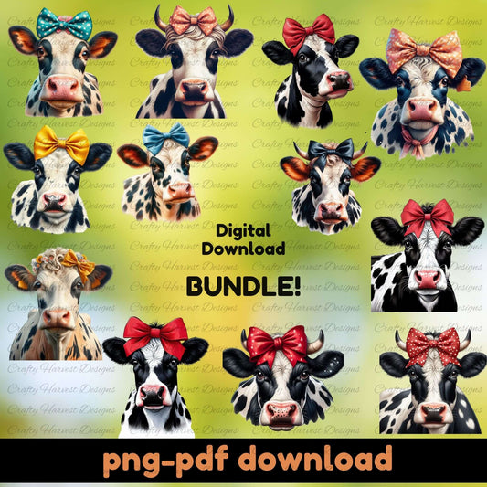 Digital download bundle of cows with colorful bows on a green background