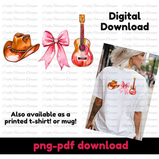  Western-themed digital design featuring a cowboy hat, pink bow, and guitar. Includes a mockup of the design on a white t-shirt. PNG and PDF digital download.