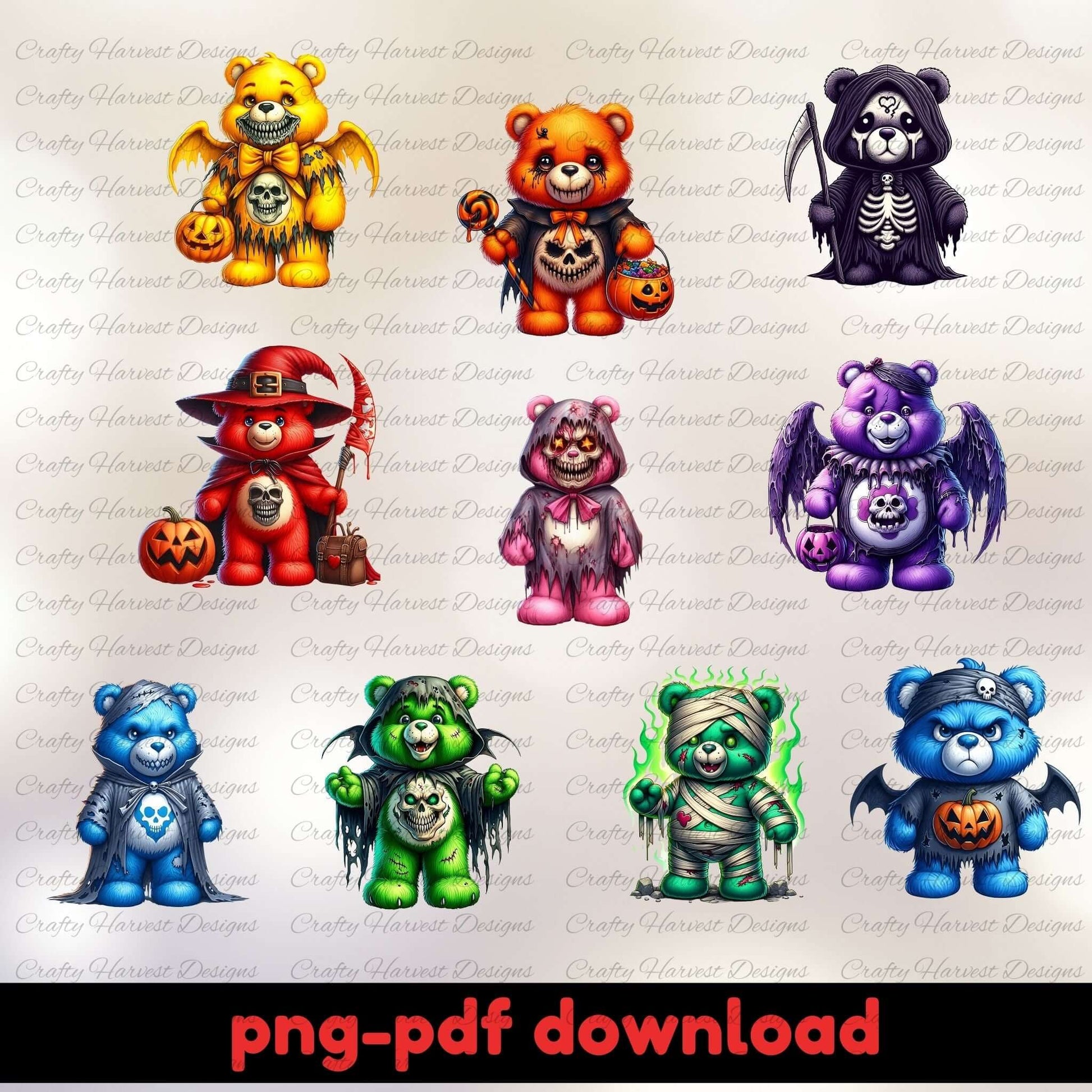 A preview image showing nine cartoon bears dressed in Halloween costumes, including a bat, pumpkin witch, skeleton, zombie, mummy, vampire, and reaper. The text “png pdf download” appears at the bottom.