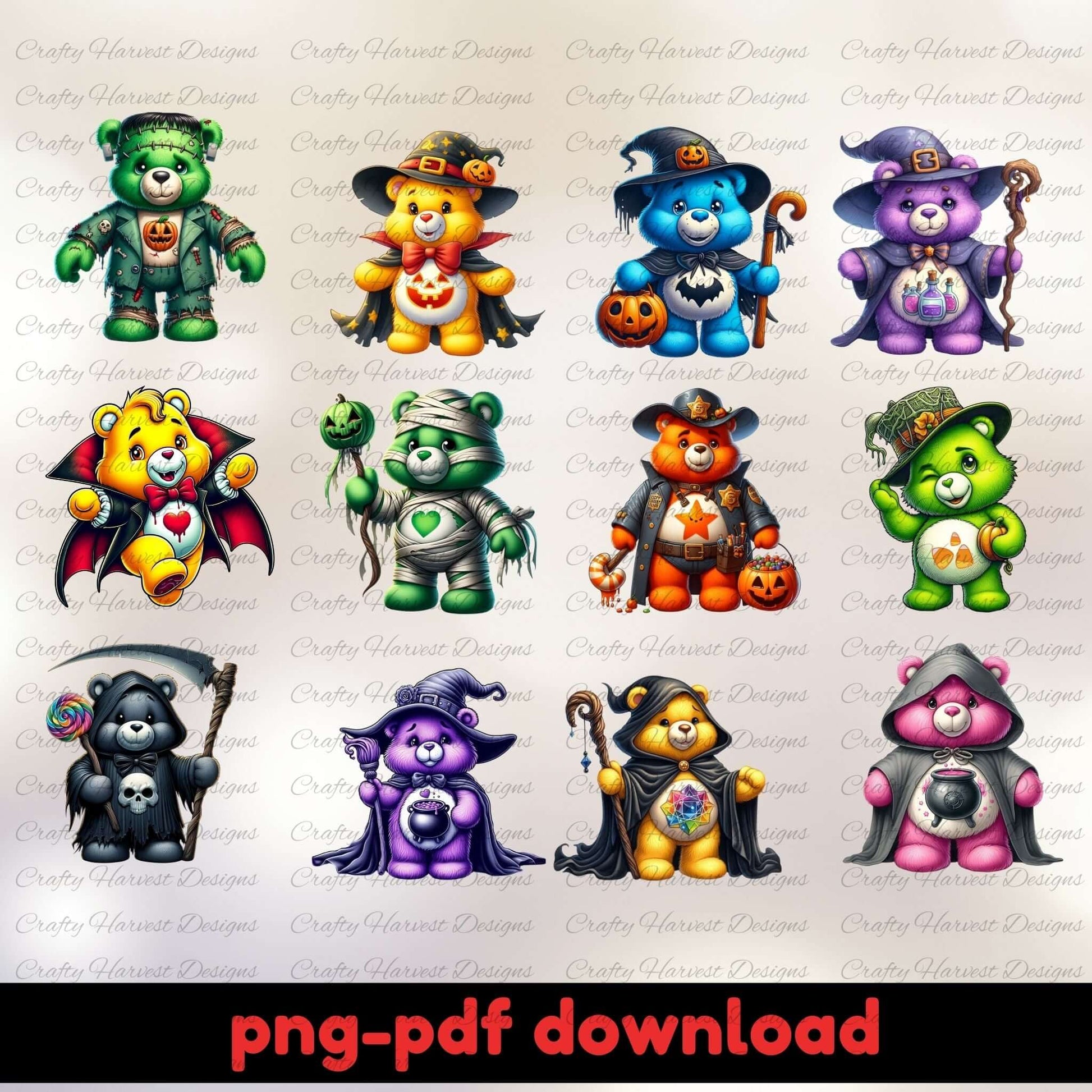 A preview image showing twelve cartoon bears in colorful Halloween costumes, including witches, wizards, vampires, skeletons, and zombies. Each bear is holding props like pumpkins, staffs, and cauldrons. The text “png pdf download” appears at the bottom.