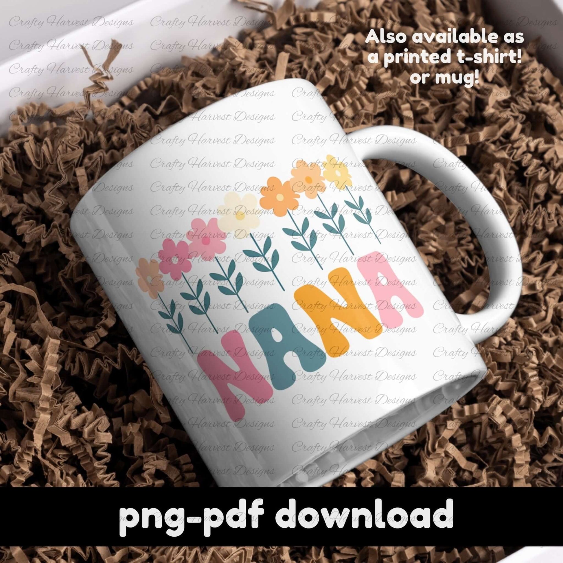 White ceramic mug featuring a retro NANA floral design with colorful flowers and bold typography. PNG and PDF digital download.