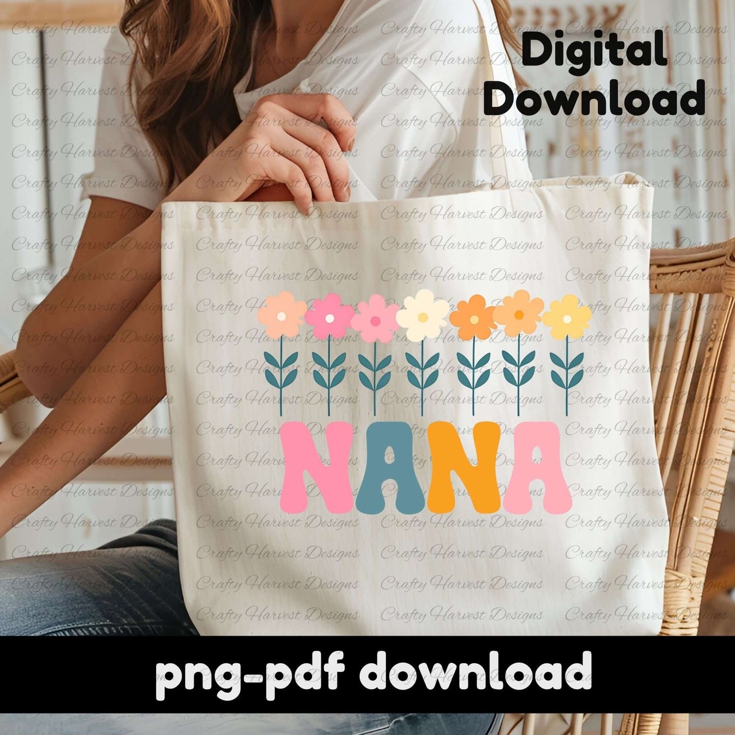 Beige tote bag featuring a retro NANA floral design with colorful flowers and bold typography. PNG and PDF digital download.