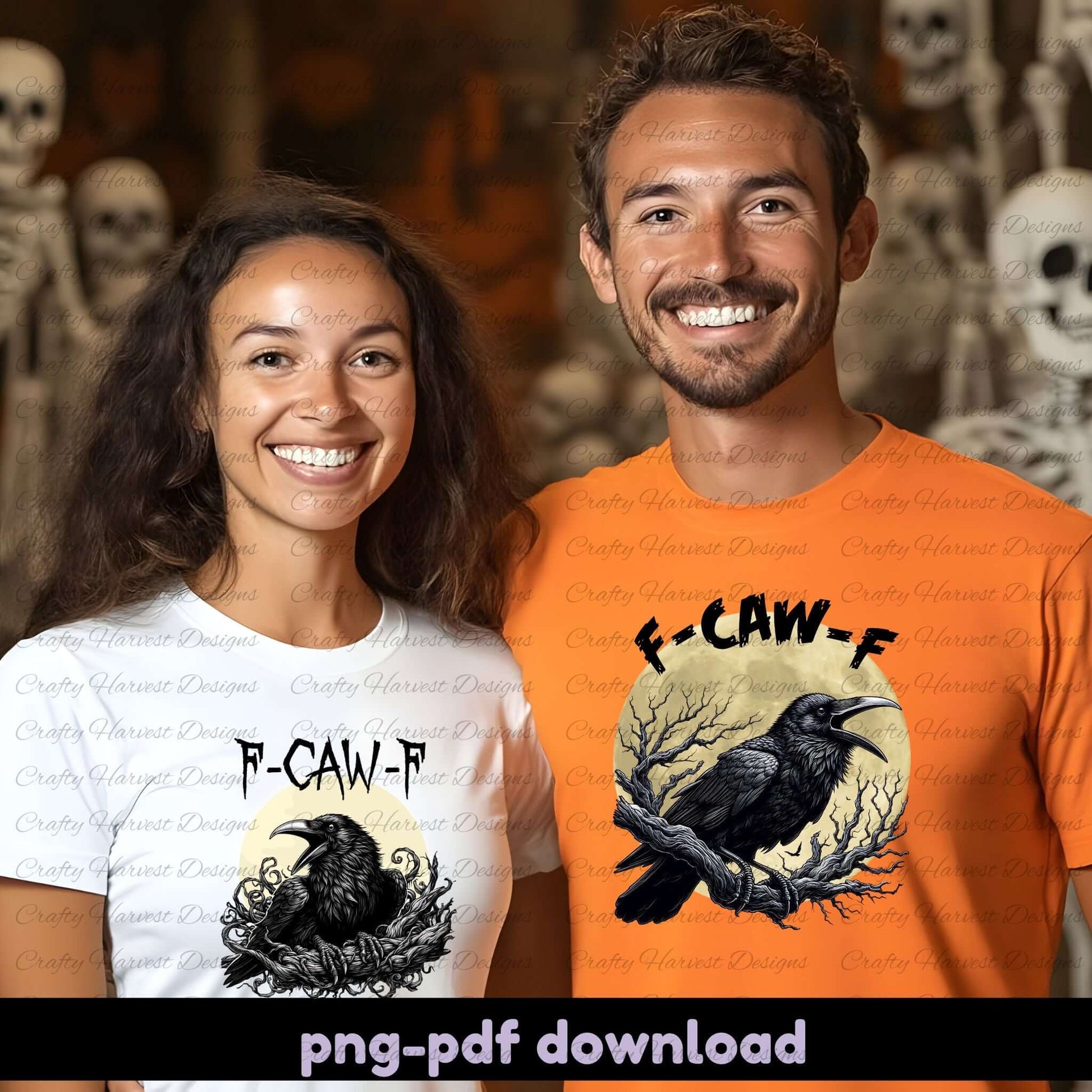 Two people wearing t-shirts with a black crow design and text, standing in front of a Halloween-themed background.