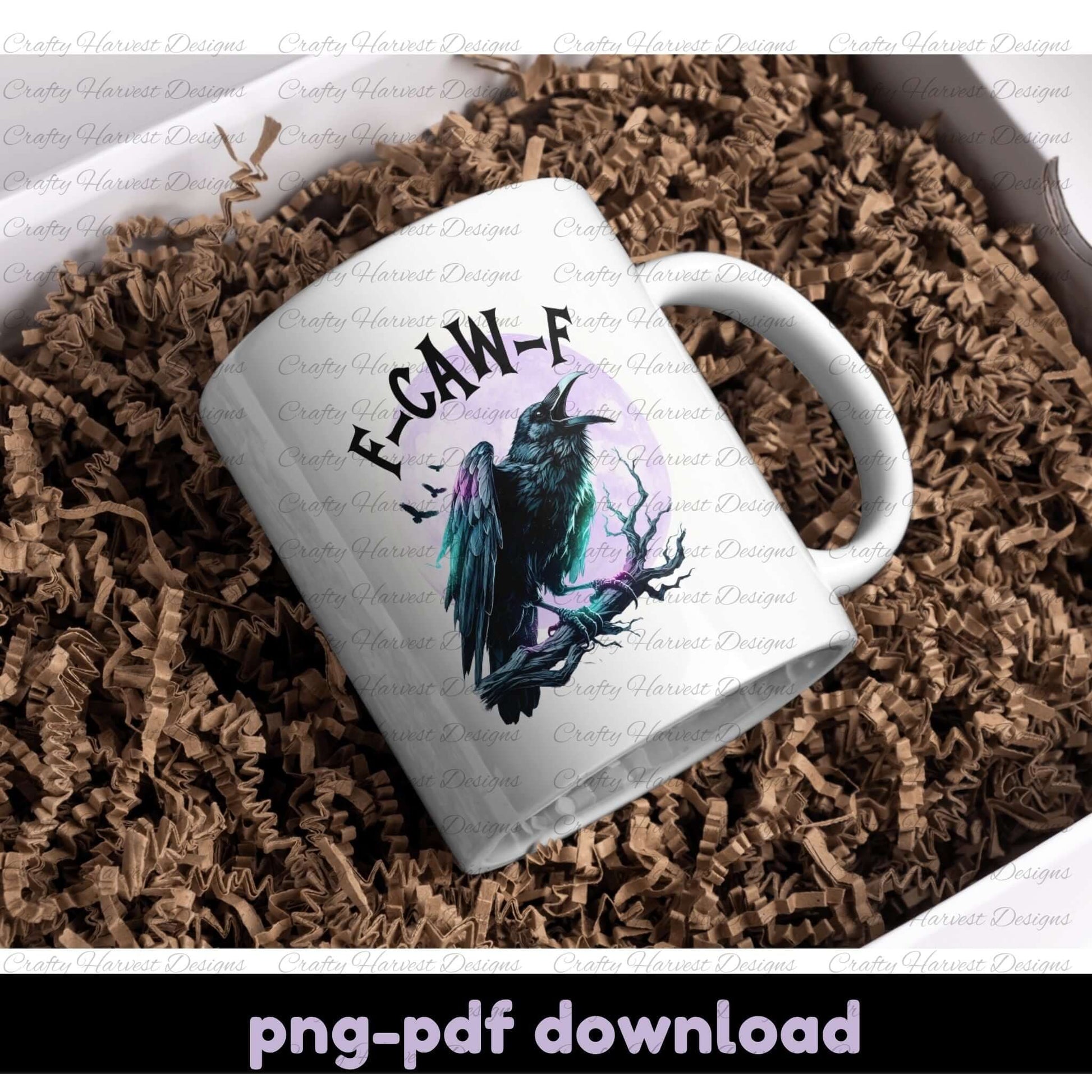 White mug with a raven design and text on a brown textured surface