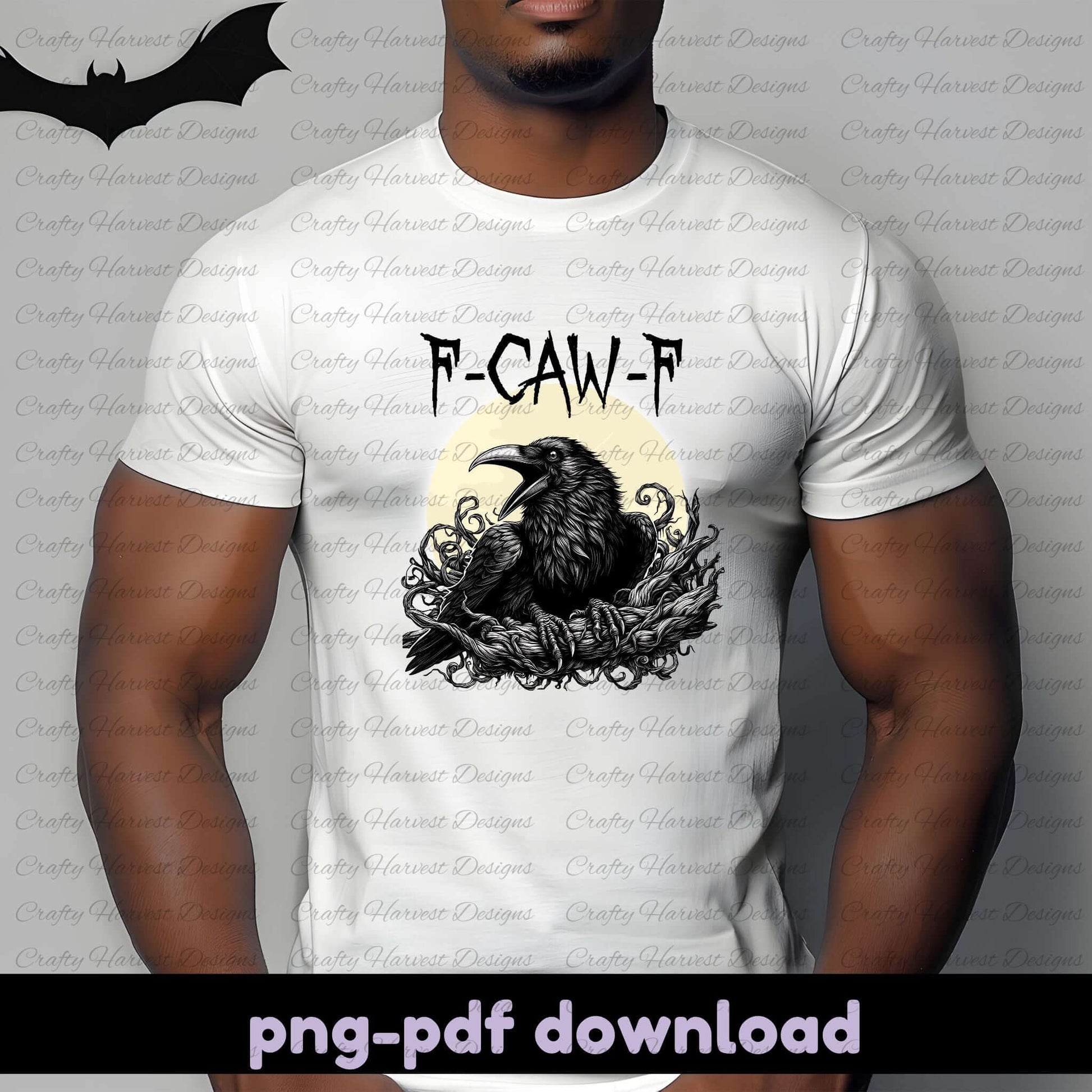 Person wearing a white t-shirt with a graphic design of a raven and text, on a plain background.