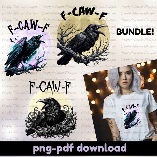 Collection of raven-themed designs with 'F-CAW-F' text, including a person wearing a t-shirt with one of the designs.