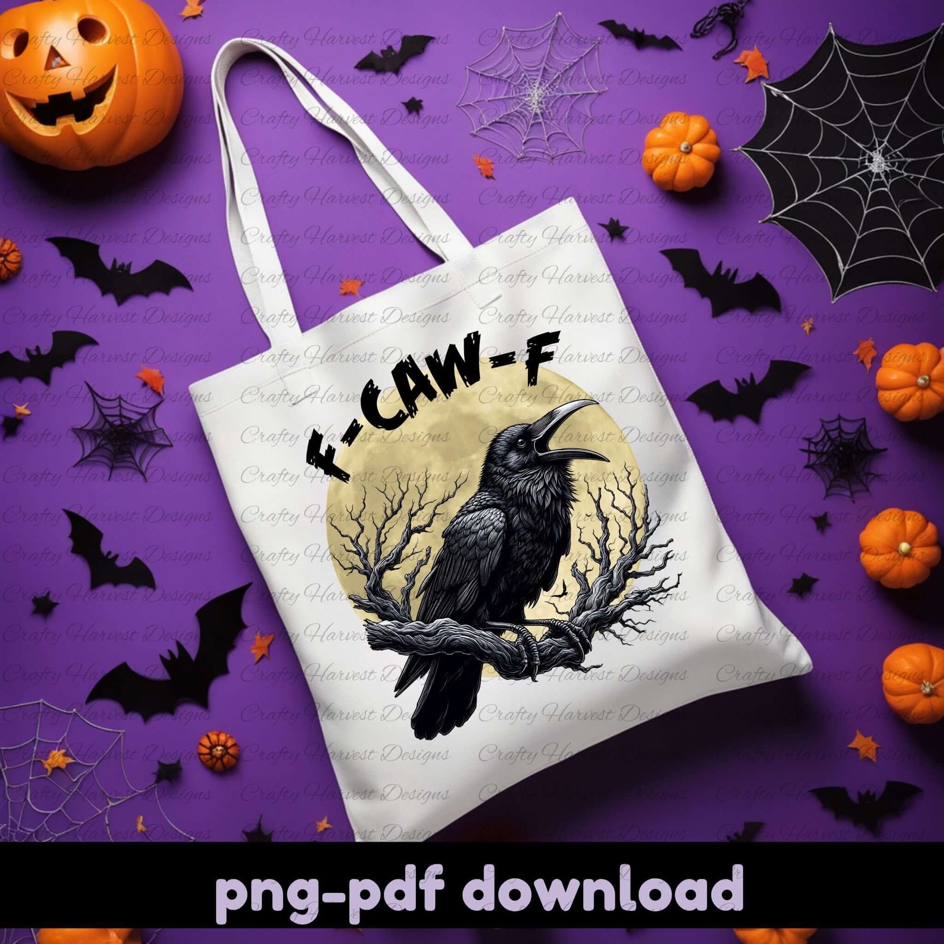 Halloween-themed tote bag with a crow design on a purple background with pumpkins and bats.
