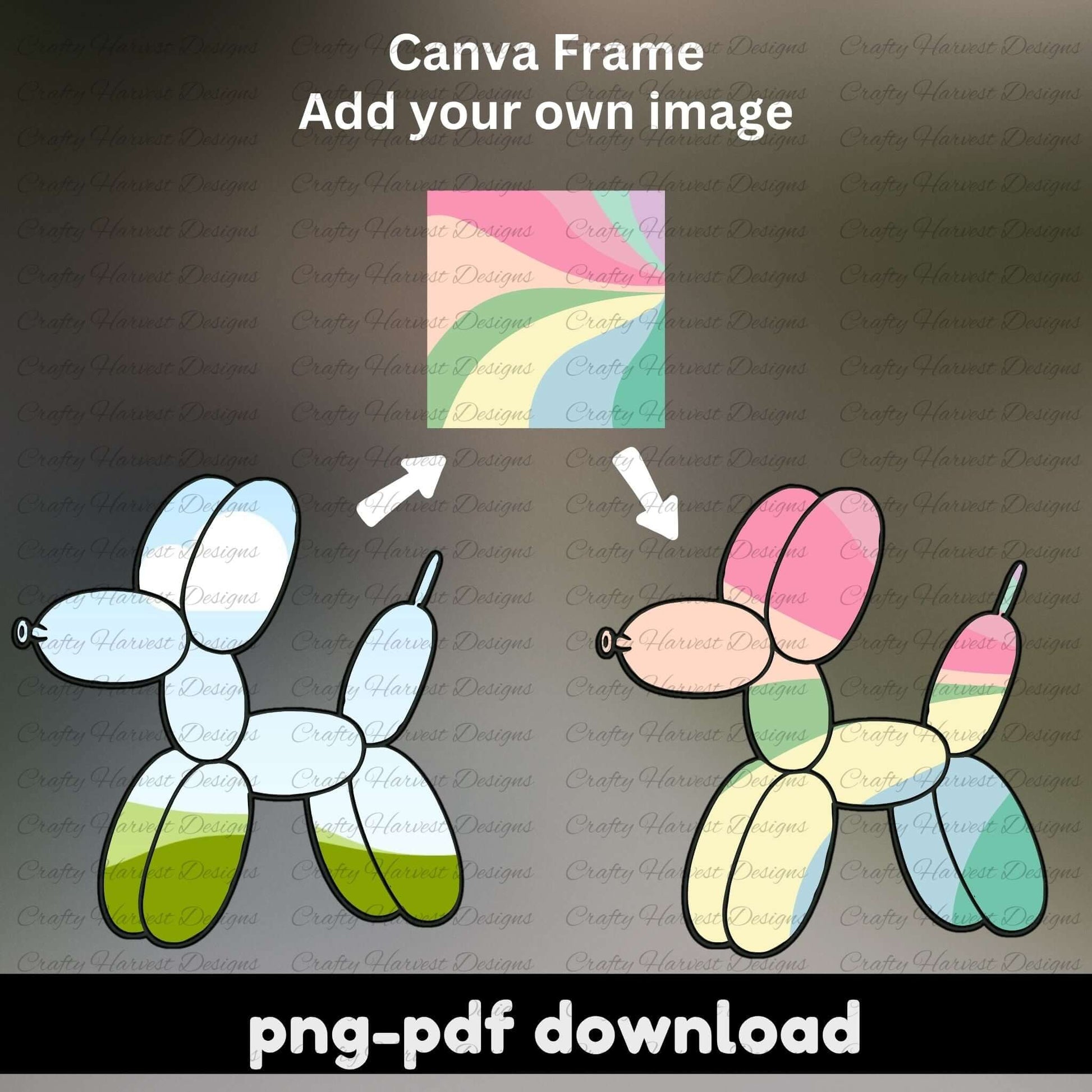 Two balloon dog shapes with a Canva frame overlay on a dark background.