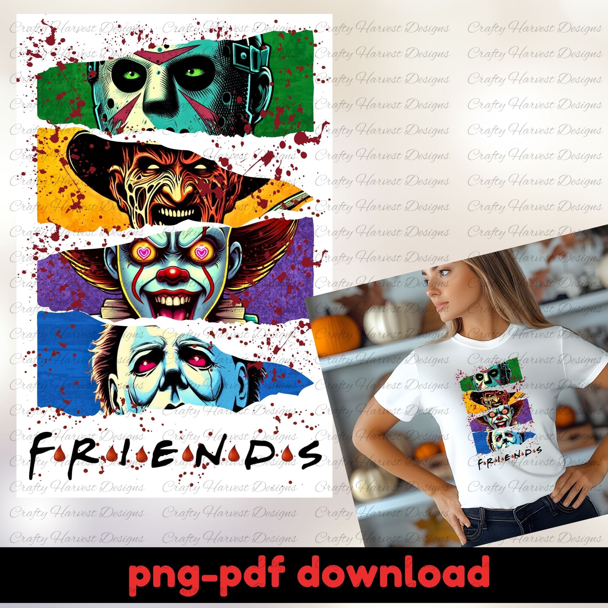 Colorful graphic design of characters with 'FRIENDS' text, displayed on a t-shirt worn by a person.