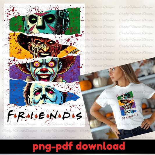 Colorful graphic design of characters with 'FRIENDS' text, displayed on a t-shirt worn by a person.