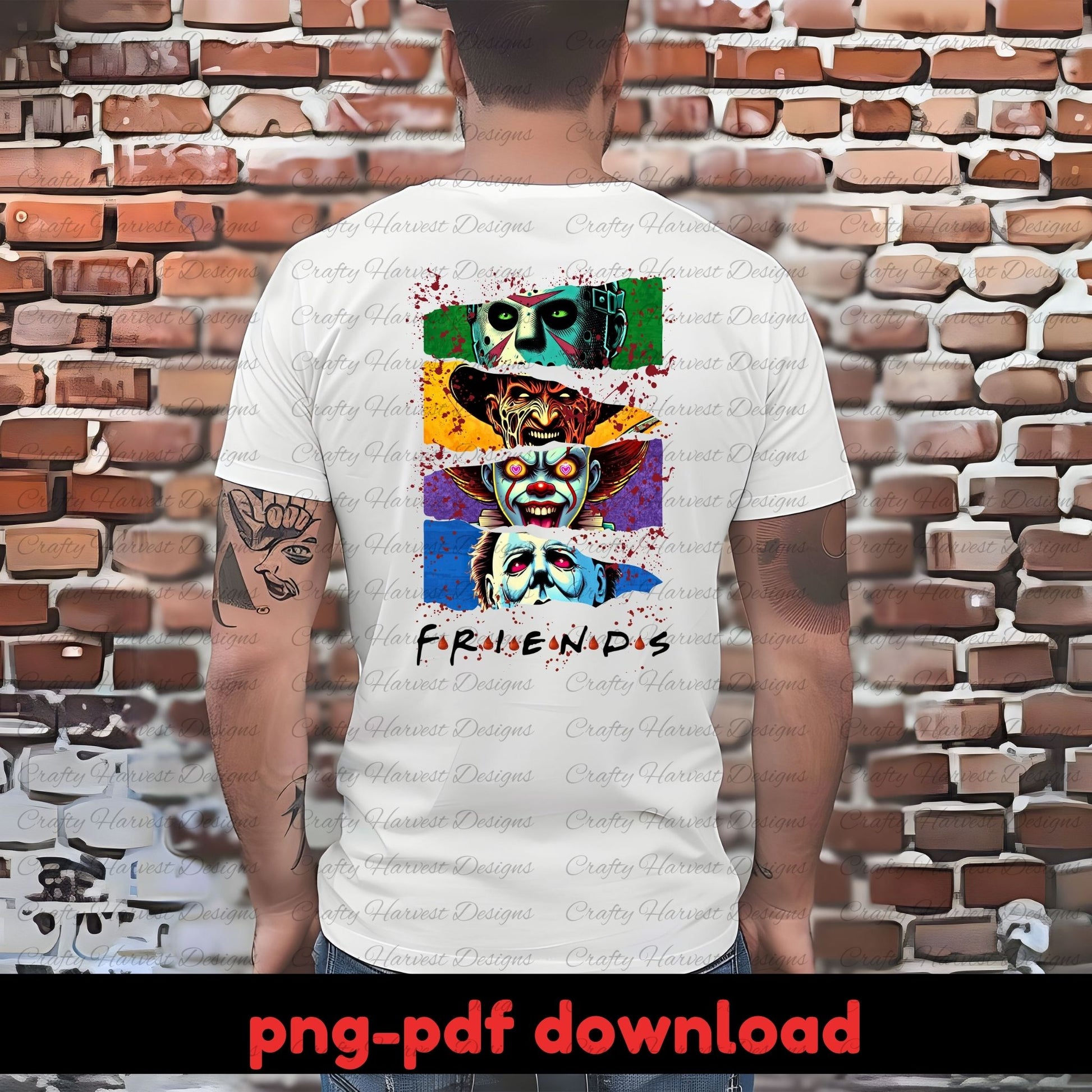 Person wearing a white t-shirt with colorful graphic design in front of a brick wall.