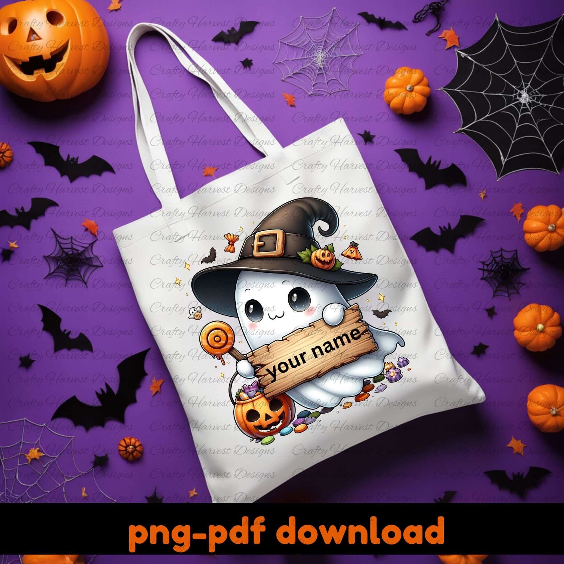 Halloween-themed tote bag with ghost and candy design on a purple background with Halloween decorations.