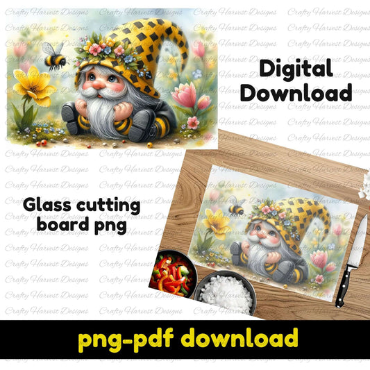 Digital download of a glass cutting board design featuring a cute gnome in a yellow plaid hat, surrounded by flowers and a buzzing bee.