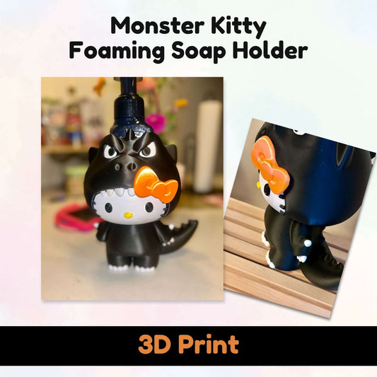 Monster Kitty foaming soap holder shown in two views: a front-facing photo of the black dinosaur-shaped dispenser with an orange Hello Kitty bow, and a side-angle photo. The text 'Monster Kitty Foaming Soap Holder' appears at the top, and '3D Print' is written on a black bar at the bottom.