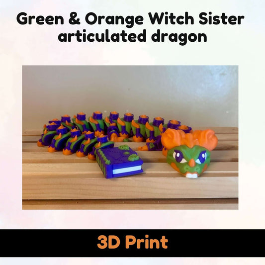 A 3D-printed articulated dragon toy in green and orange, shown coiled on a wooden surface with a small purple accessory piece. The image includes text overlays reading 'Green & Orange Witch Sister articulated dragon' at the top and '3D Print' at the bottom.