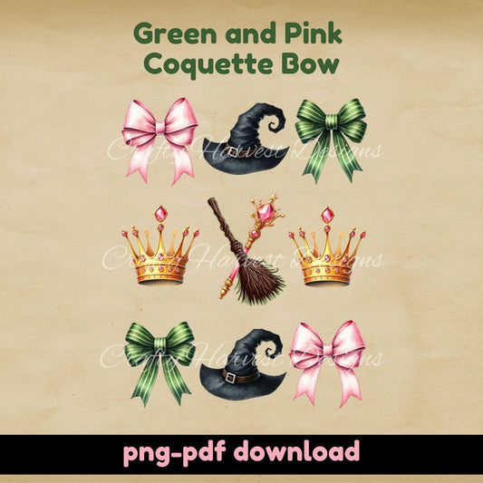 Enchanted Green & Pink Coquette Bows | Digital Download PNG PDF - Crafty Harvest Designs