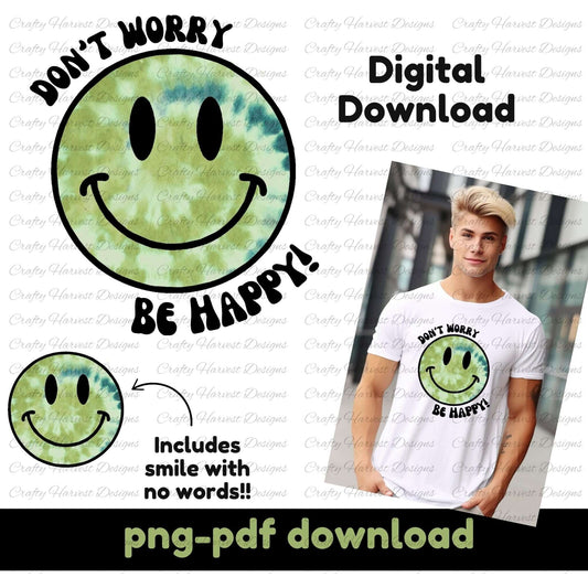 Green tie-dye smiley face digital design with “Don’t Worry, Be Happy!” text. Includes a version without text. Mockup shows the design on a white t-shirt