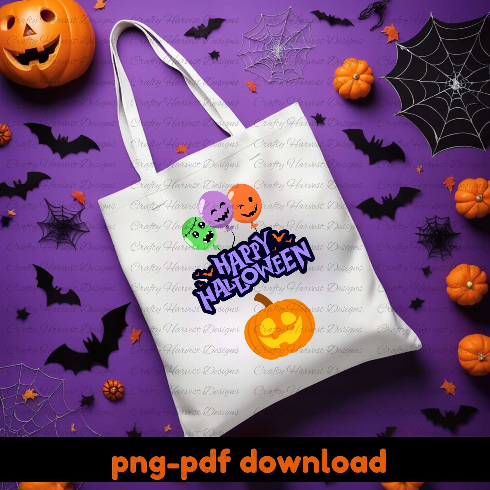 White tote bag with Halloween design on a purple background with pumpkins, bats, and spider webs.