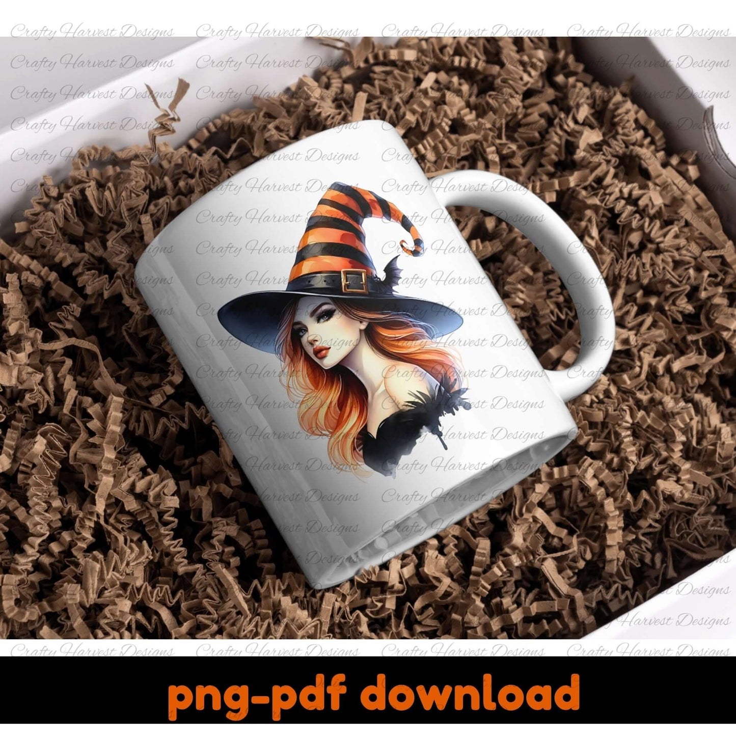 Mug with a witch design on a brown crinkled paper background