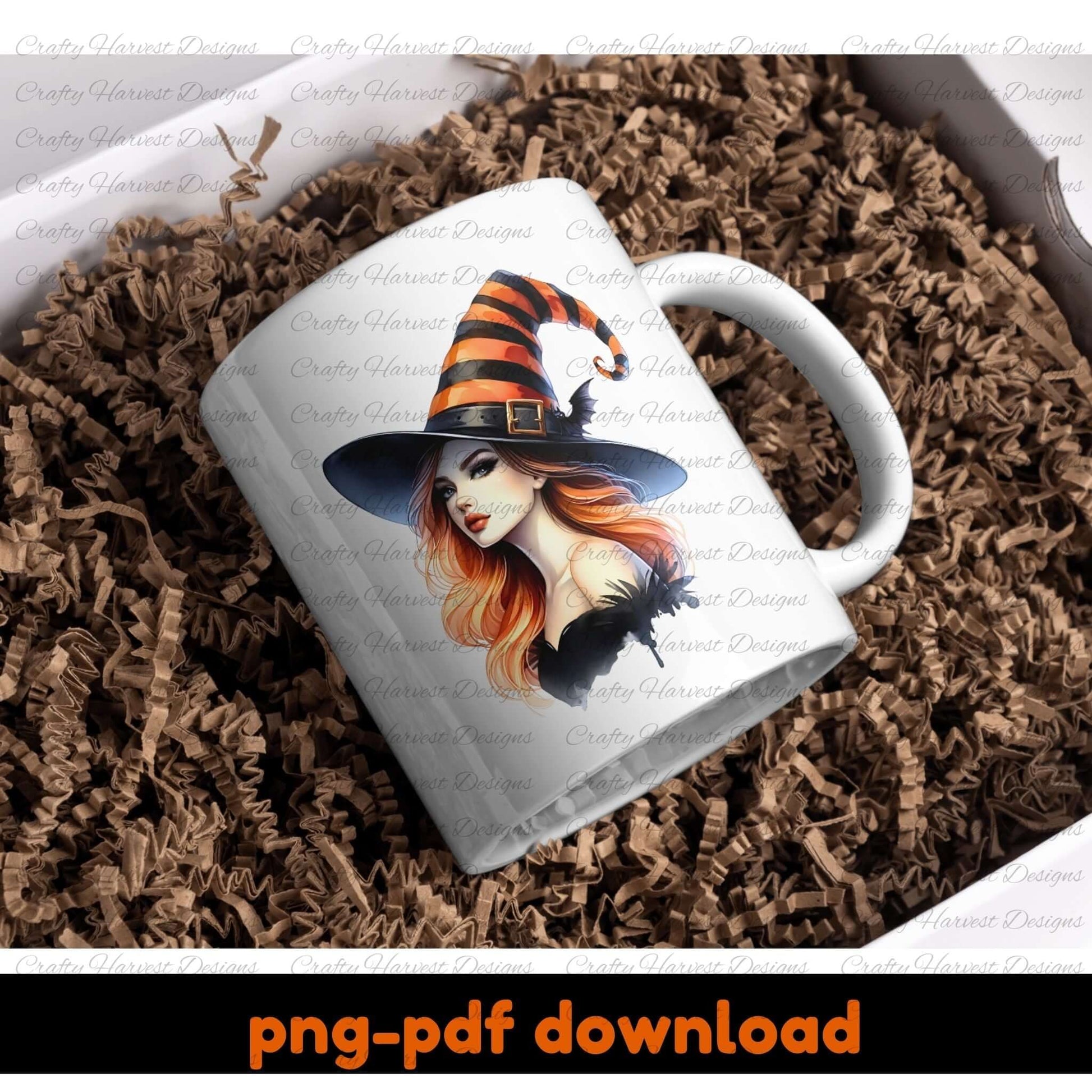 Mug with a witch design on a brown crinkled paper background