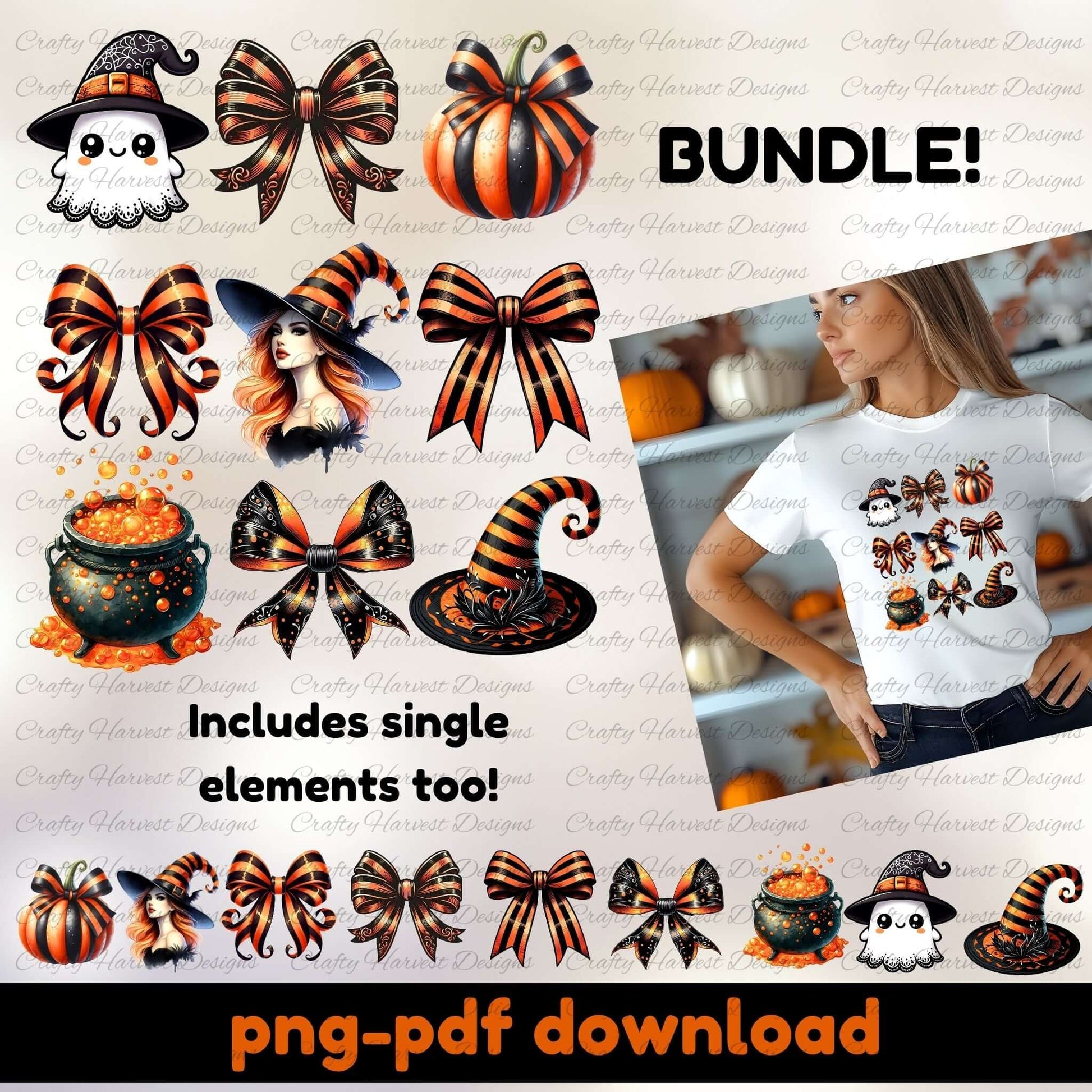 Halloween-themed graphics and a t-shirt with similar designs, including pumpkins, bows, and witch hats.