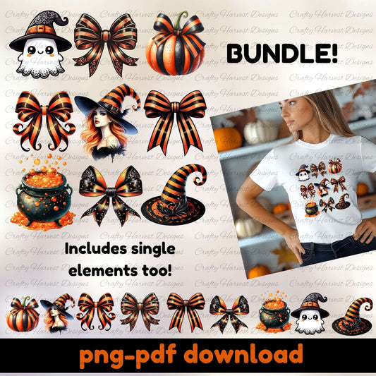 Halloween-themed graphics and a t-shirt with similar designs, including pumpkins, bows, and witch hats.