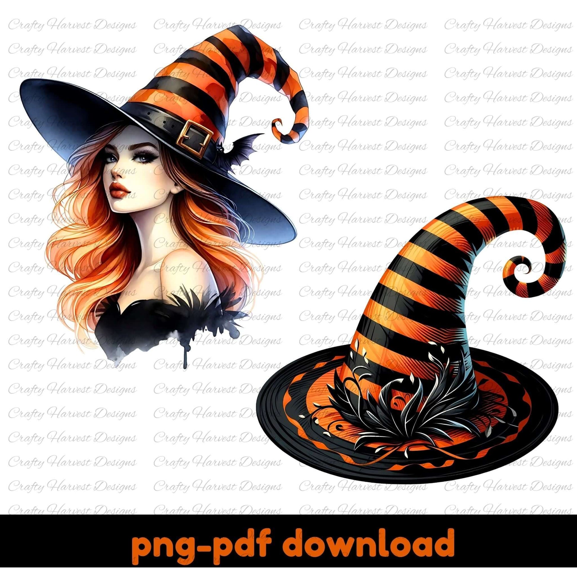 Witch hat with orange and black stripes and a woman's face on a white background.
