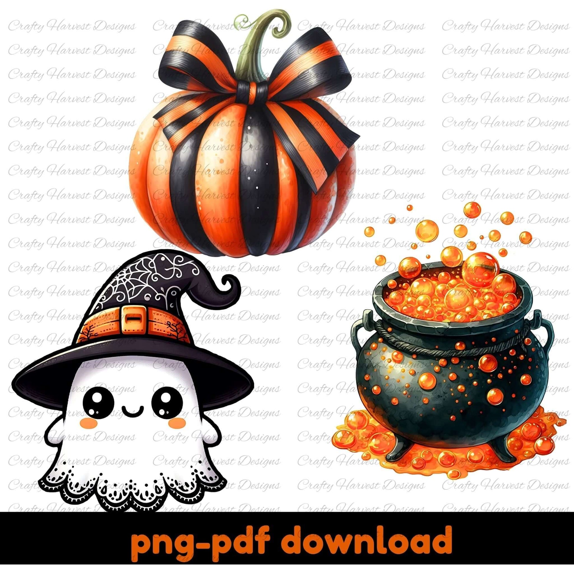Halloween-themed graphics including a striped pumpkin, ghost, and cauldron with bubbles on a branded background.