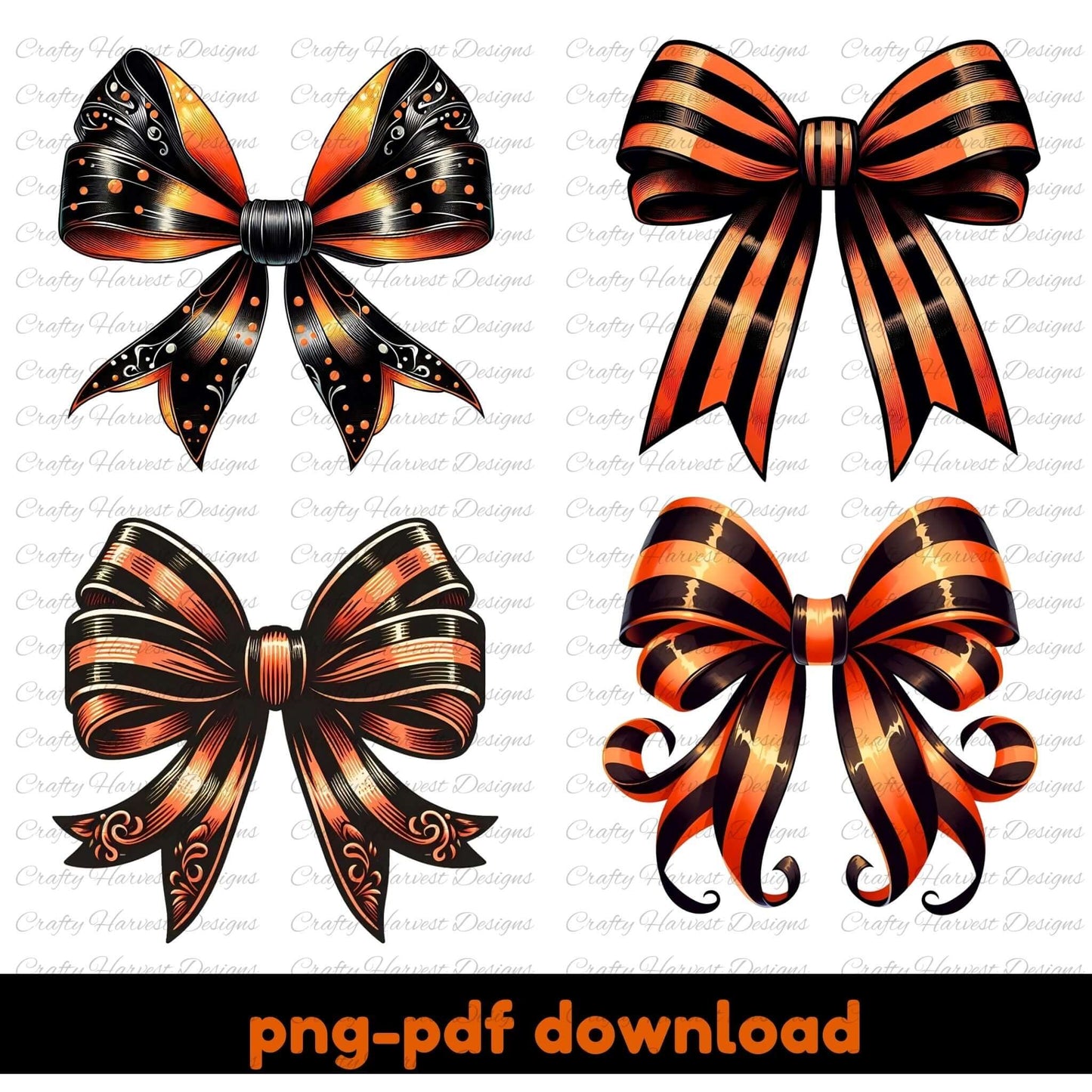 Four decorative bows in orange and black on a white background with 'png-pdf download' text at the bottom.