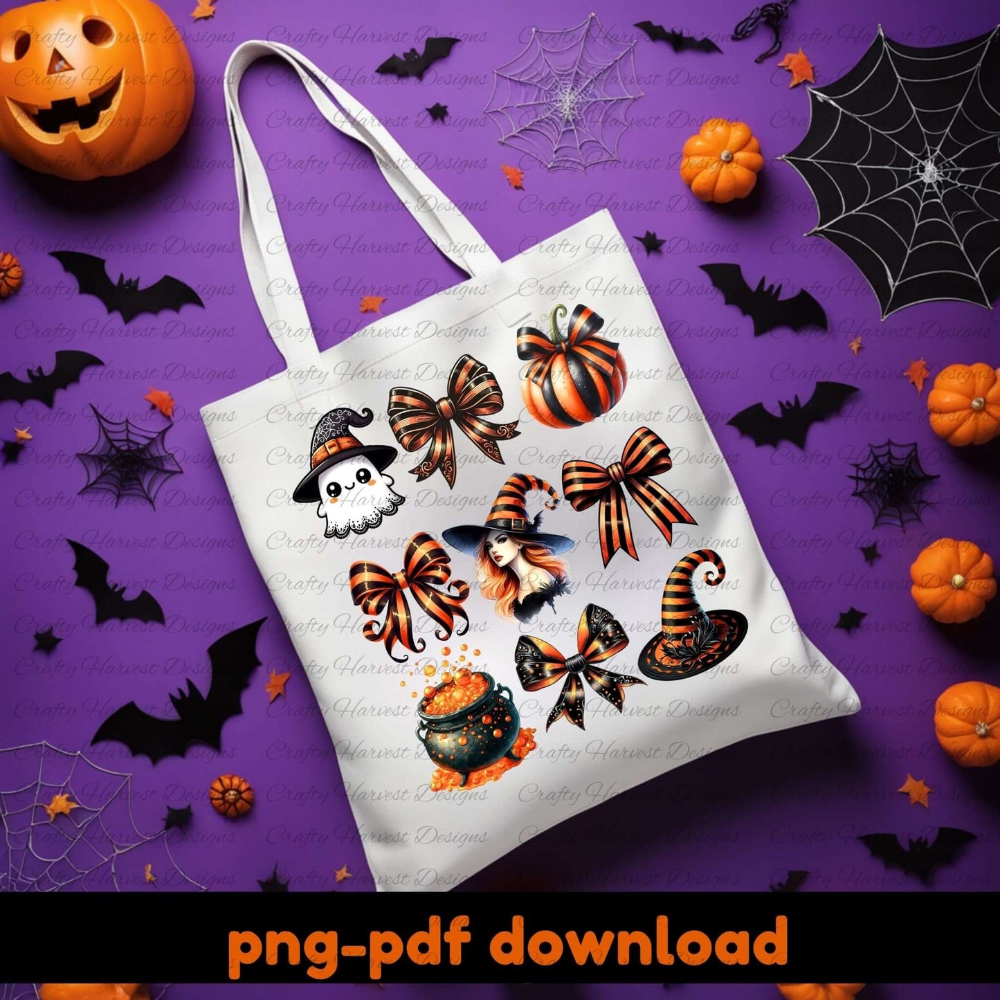 Tote bag with Halloween-themed designs on a purple background with pumpkins and bats.