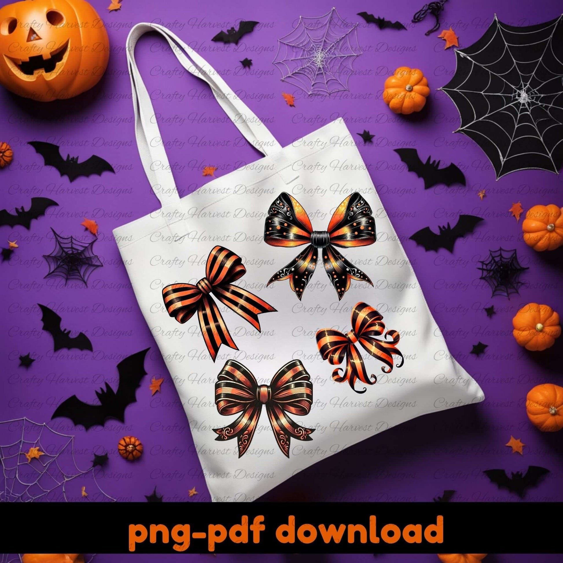 Tote bag with Halloween-themed bows on a purple background with pumpkins and bats.