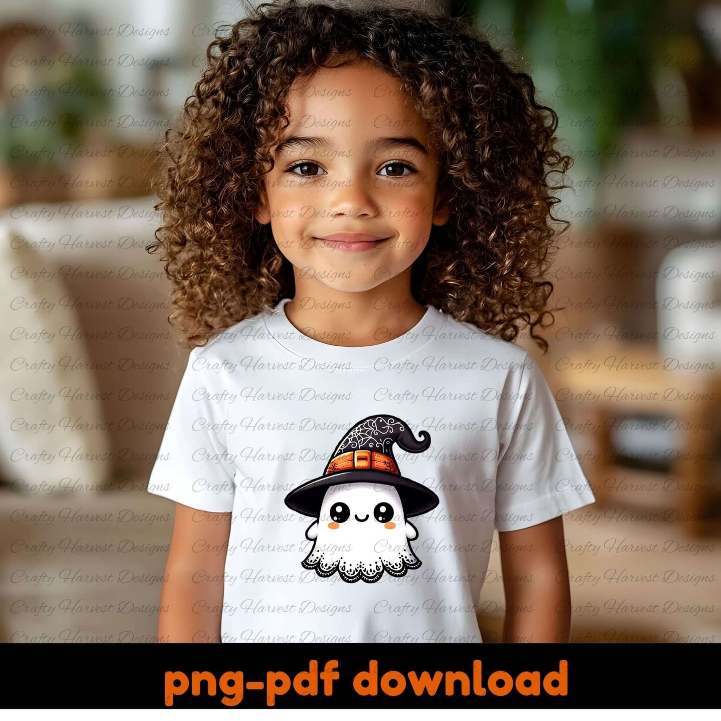 Child wearing a white t-shirt with a ghost in a witch hat design, with a blurred indoor background.