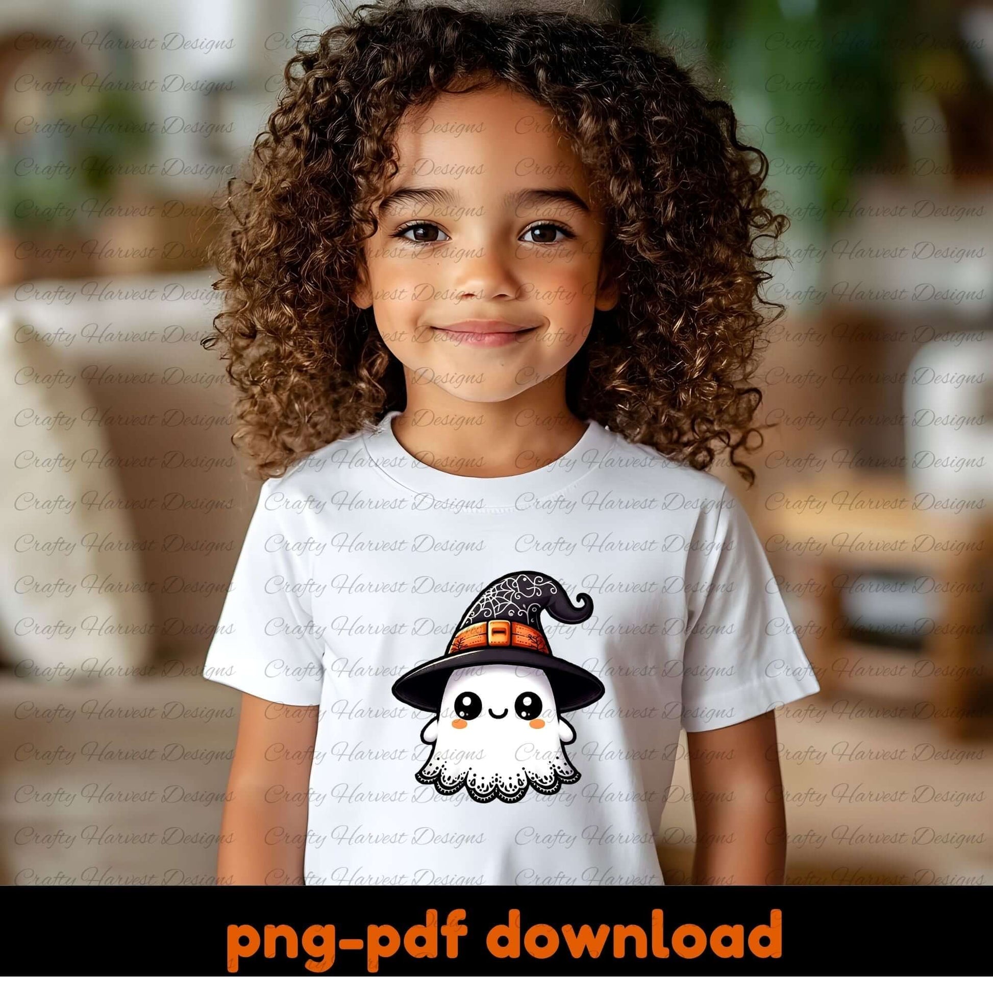 Child wearing a white t-shirt with a ghost in a witch hat design, with a blurred indoor background.