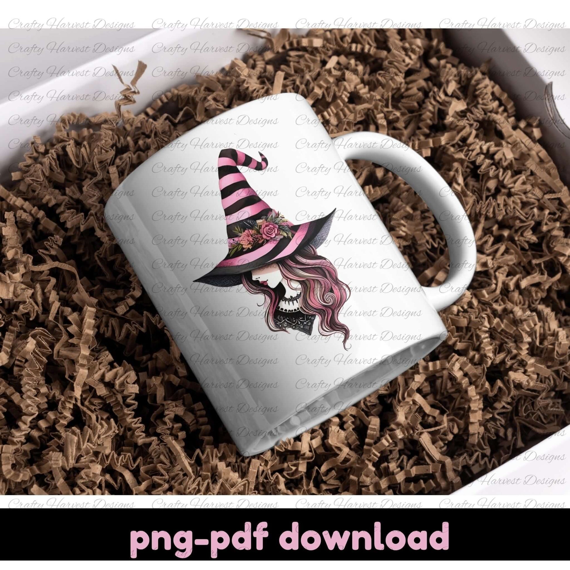 White mug with a witch design on brown crinkled paper